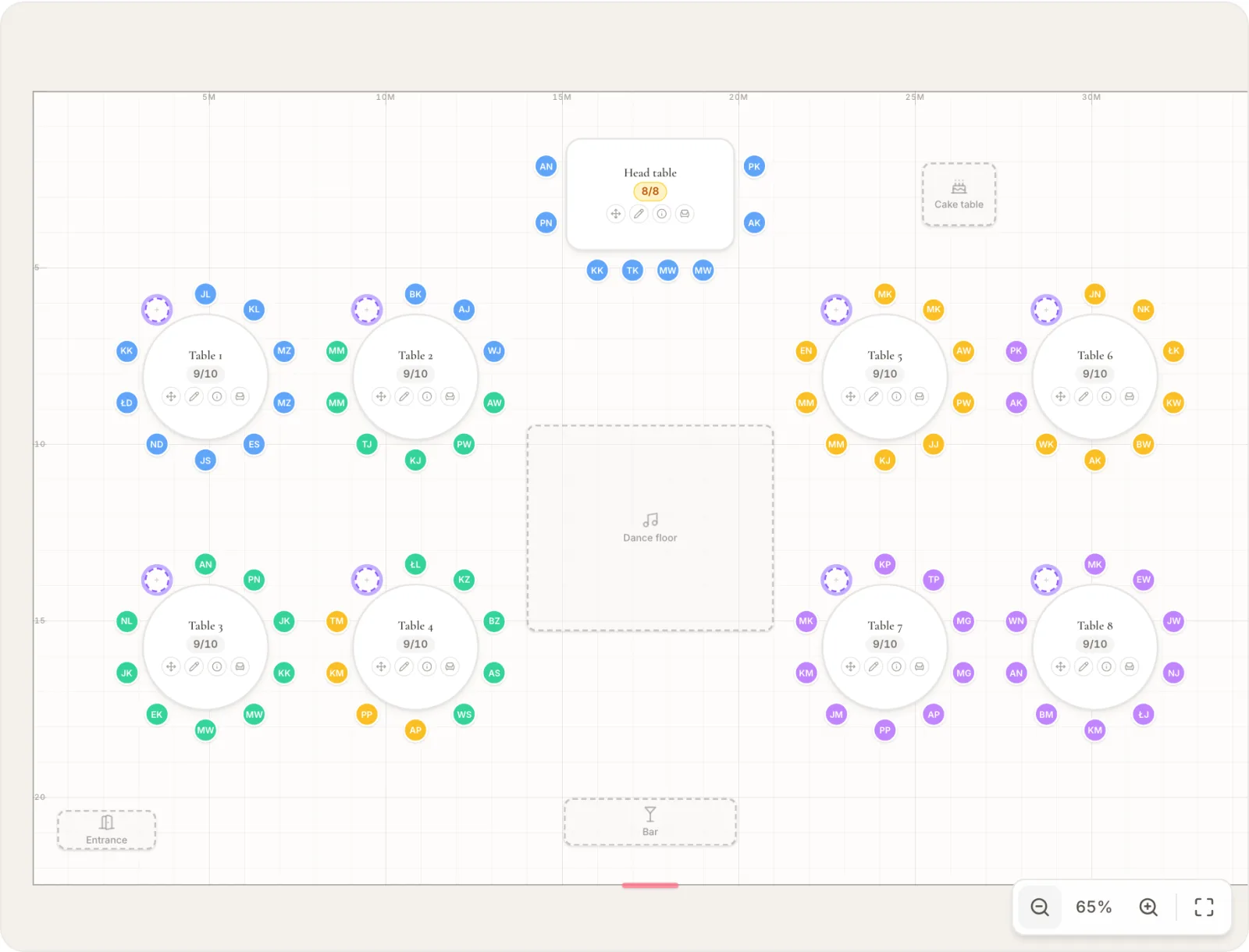 Seating planner with a room for 80 guests: head table, eight round tables, dance floor, bar and cake table