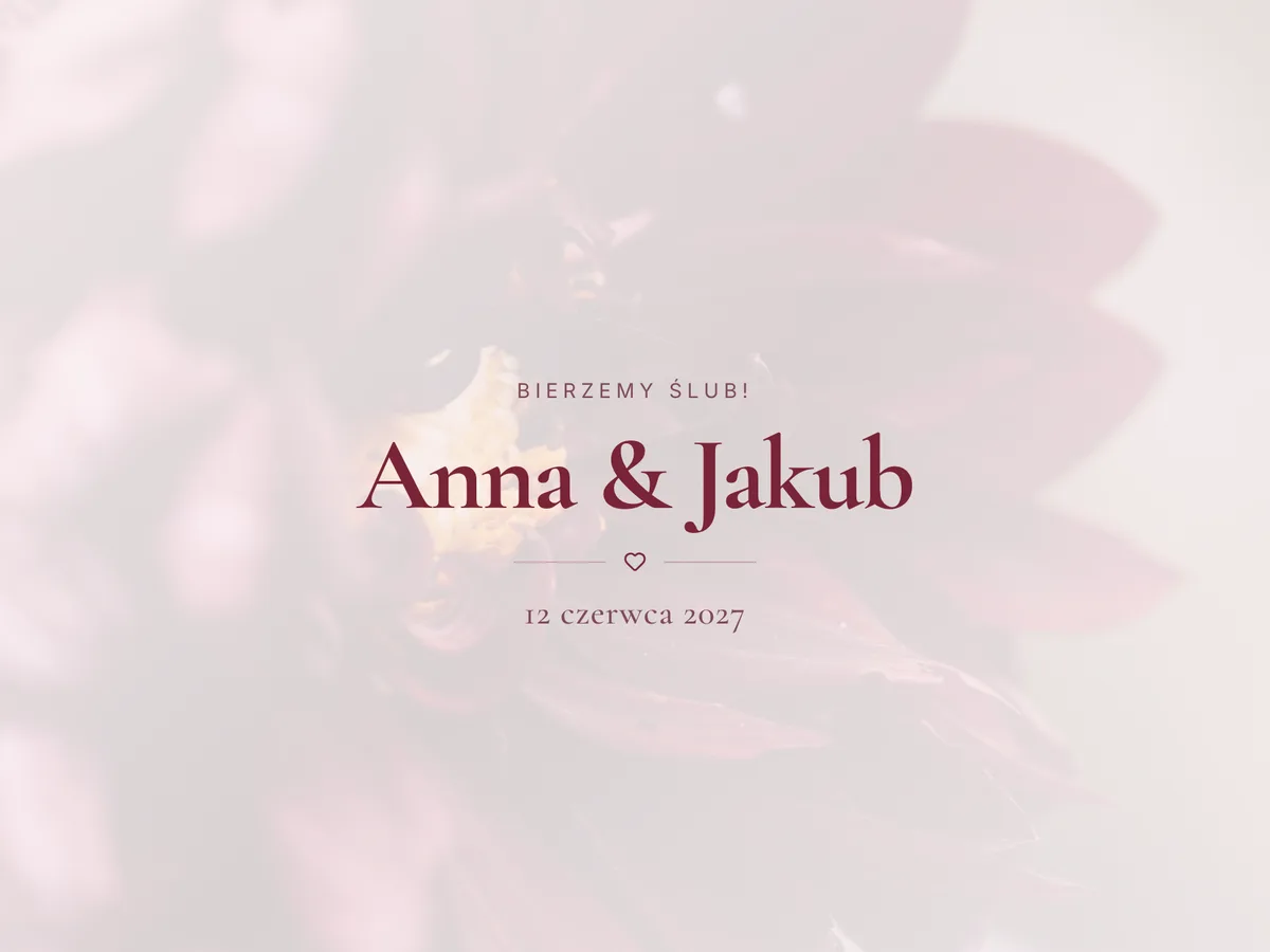 Podgląd szablonu strony ślubnej w stylu bordowego aksamitu z RSVP, galerią i harmonogramem